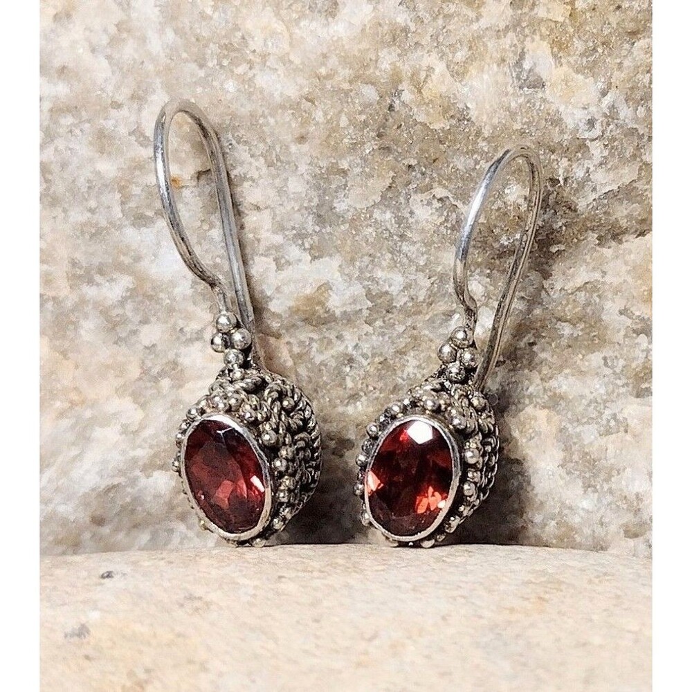 Garnet Oval .925 Sterling Silver Bali Frame Earrings Vintage